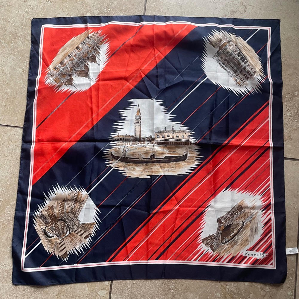 Venezia Italy Vintage Souvenir Scarf Gondola‎ Print Red Blue Travel Square